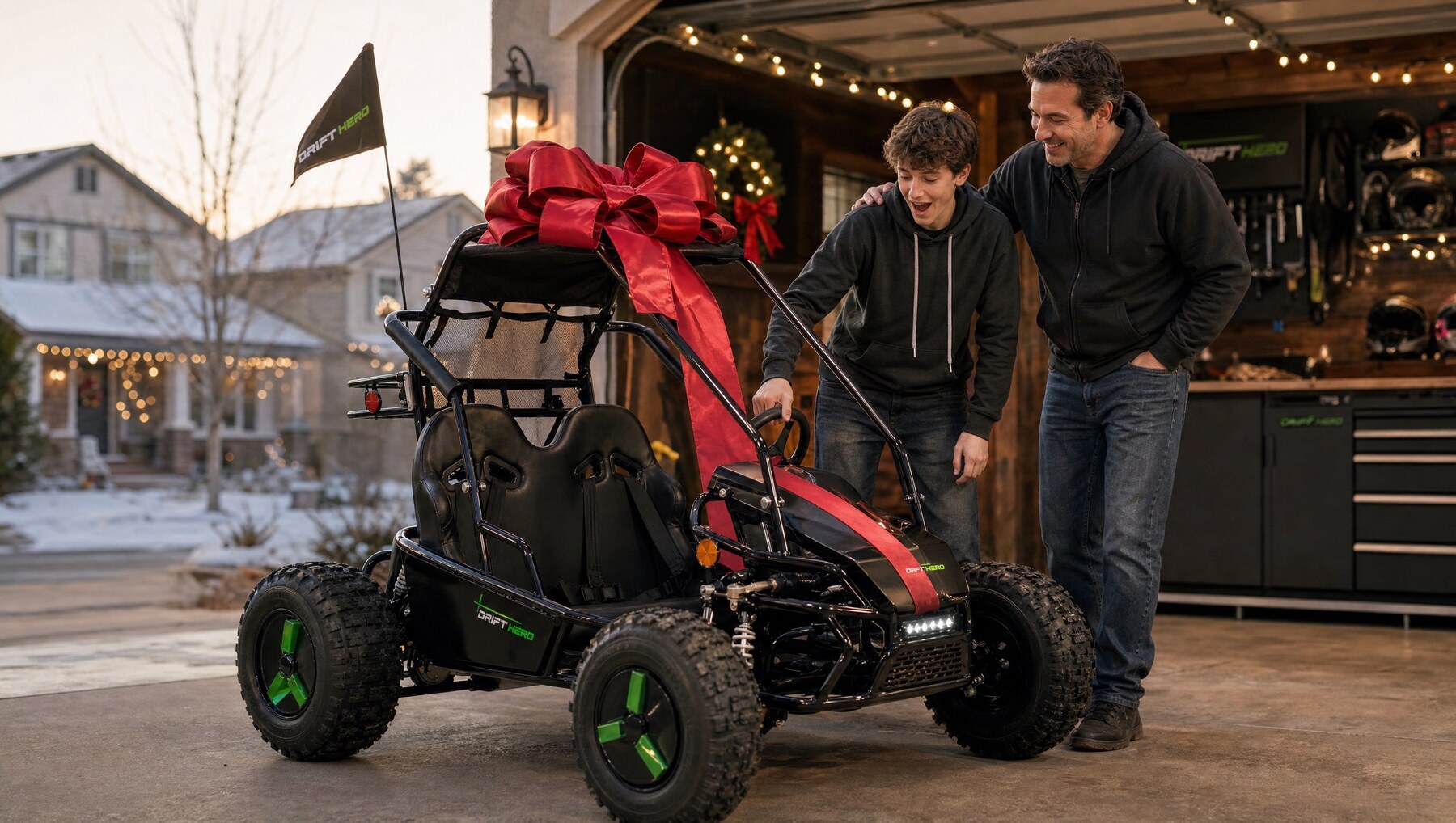 A father and son with a go-kart topped with a red gift bow in a garage